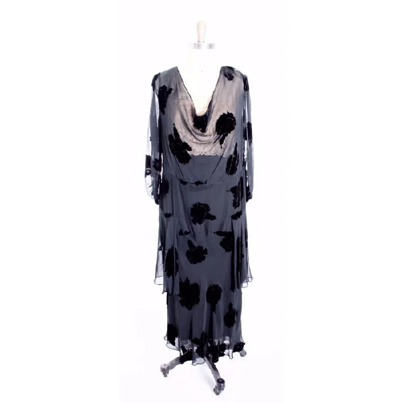 Downton Gatsby 1920s Flapper Gown Vintage Black Velvet Burnout Dress 40-38-44 Deco