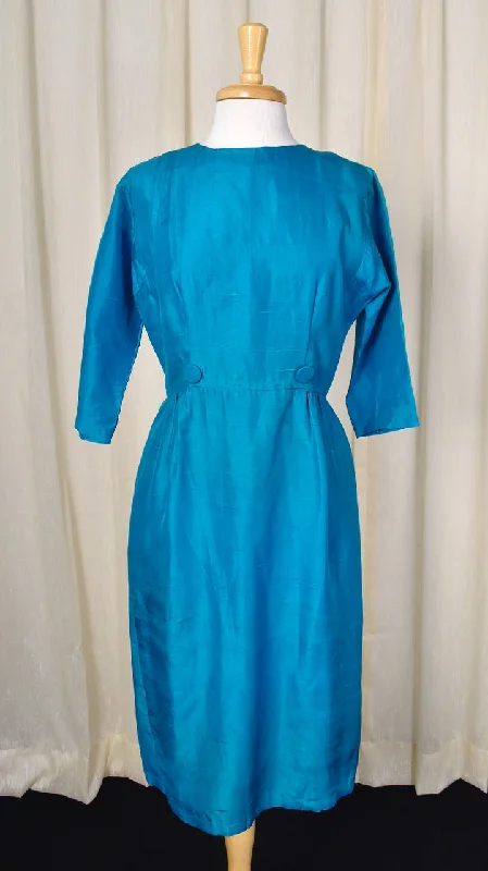 1950s Vintage Blue Button Silk Sheath Dress