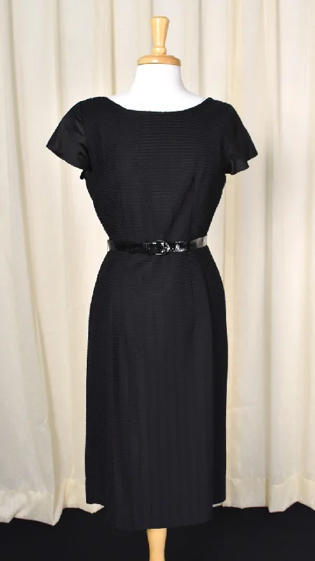 1950s Vintage Satin Sleeve Textured Black Dress
