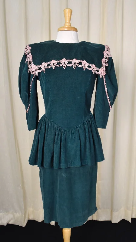 1980s Vintage Green Cord Peplum Dress