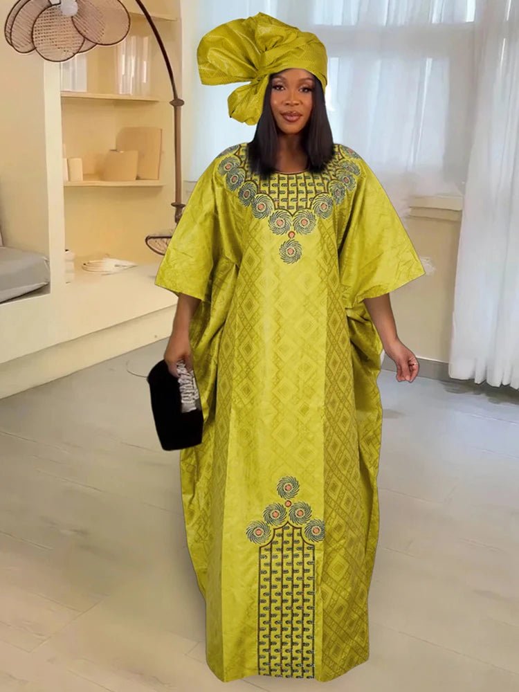 African Traditional Dashiki Bazin Dresses for Women - Plus Size Long Gown with Nigerian Turban, Elegant African Outfits