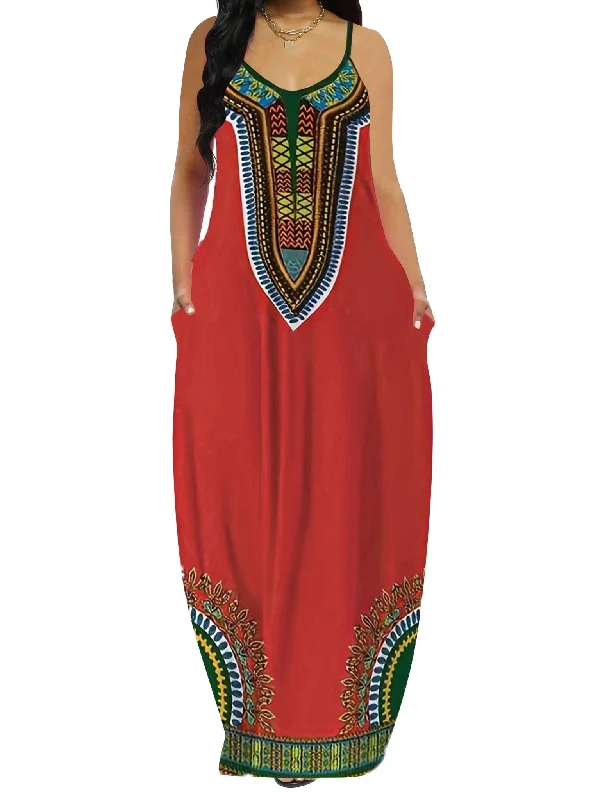 Plus Size Woman Print Cami Dress, Casual Pocket Long Length Strap Dress