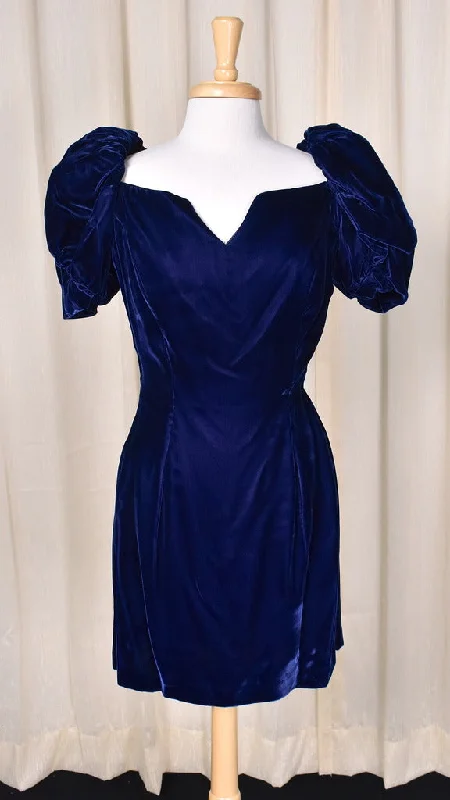 1980s Blue Velvet Puff Dress