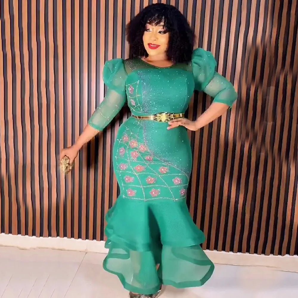 Elegant African Ruffle Mermaid Dress – Gown with Belt