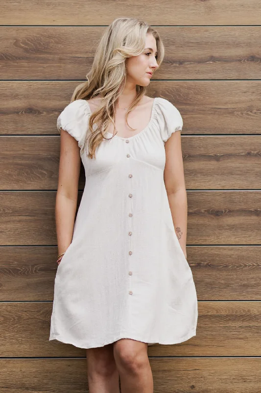 Linen Flare Button Detail Dress for Women in Oatmeal | ND40779B-2TNOATMEAL
