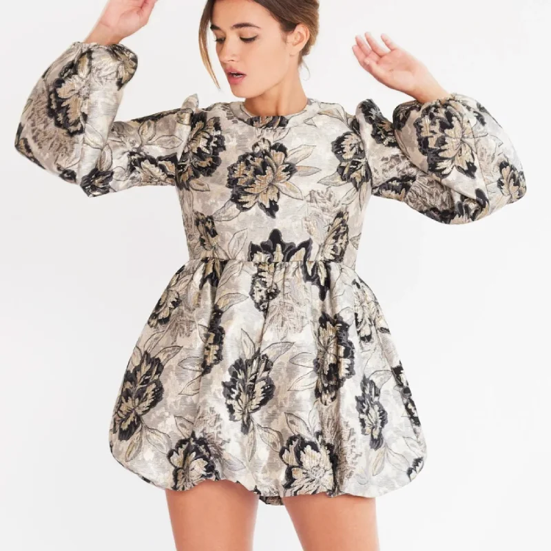 Mille Metallic Giselle Dress in Silver and Black Brocade