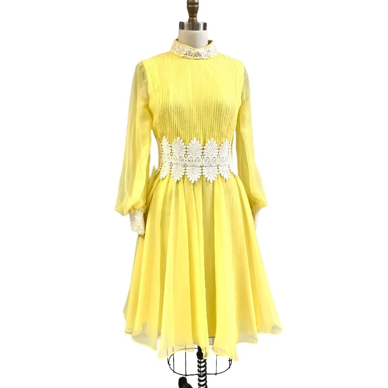 Mod 60s VTG Yellow Chiffon Cocktail Filmy Swirl dress Lace Trim Sz 6/S Union Made