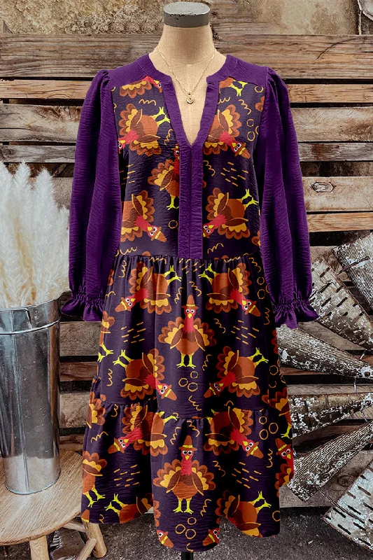 Purple Thanksgiving Turkey Print V-neck Puff Sleeve Dress
