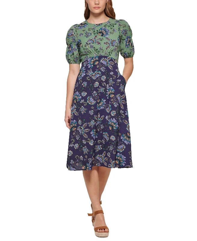 Vince Camuto Womens Mixed Media Printed Dress