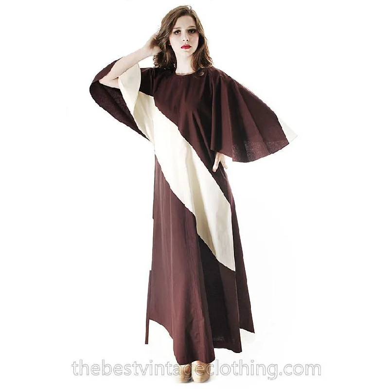 Vintage 1970s Vuokko Designer Angel Sleeve Tent Dress Brown & Ivory METSÄ  Diagonal Stripes S M