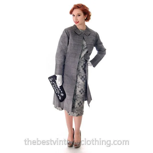 Vintage Dress And Silk Coat Silver Metallic Damask Fitted Sheath Dress 1960s Small