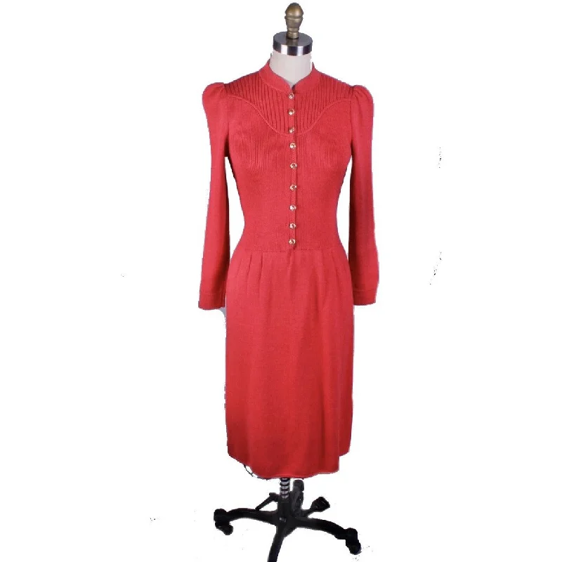St. John Knit Vintage Red Wool Knit Dress  1970s S-M Amazing Buttons