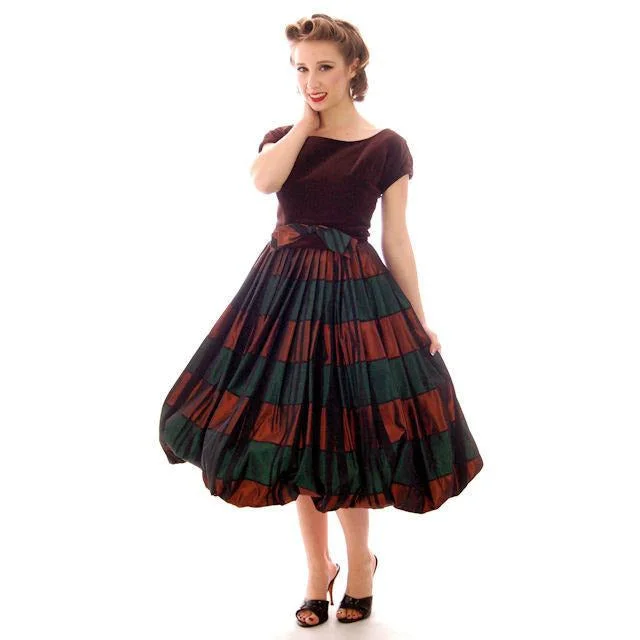 Vintage Velvet, Emerald & Copper Iridescent Taffeta Bubble Dress 1940s 34-24-Free
