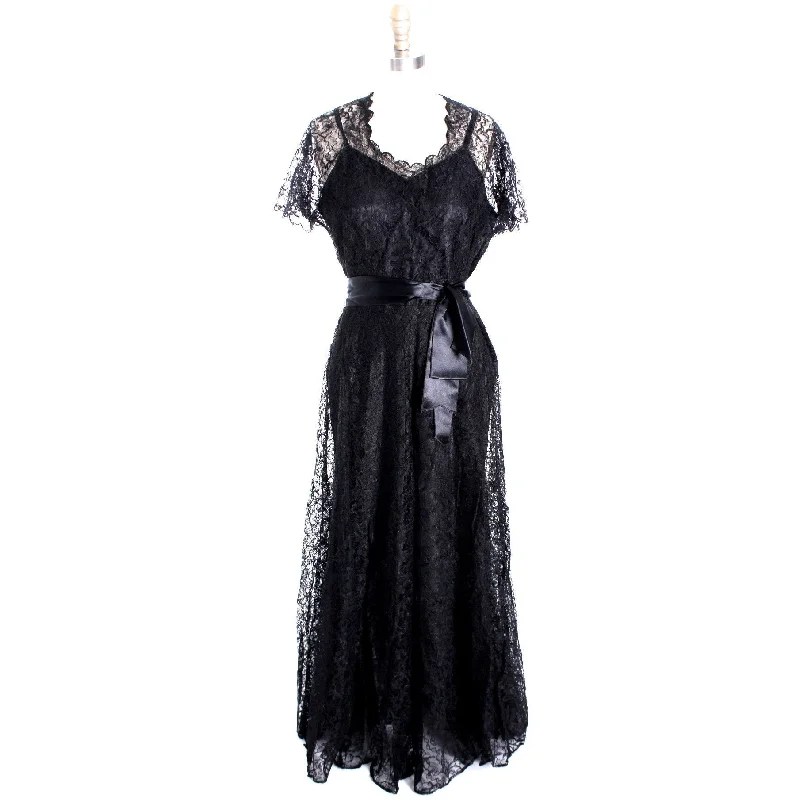 VTG 1940s Lace Gown Black Full Length M + Slip Wearable 40-32-44