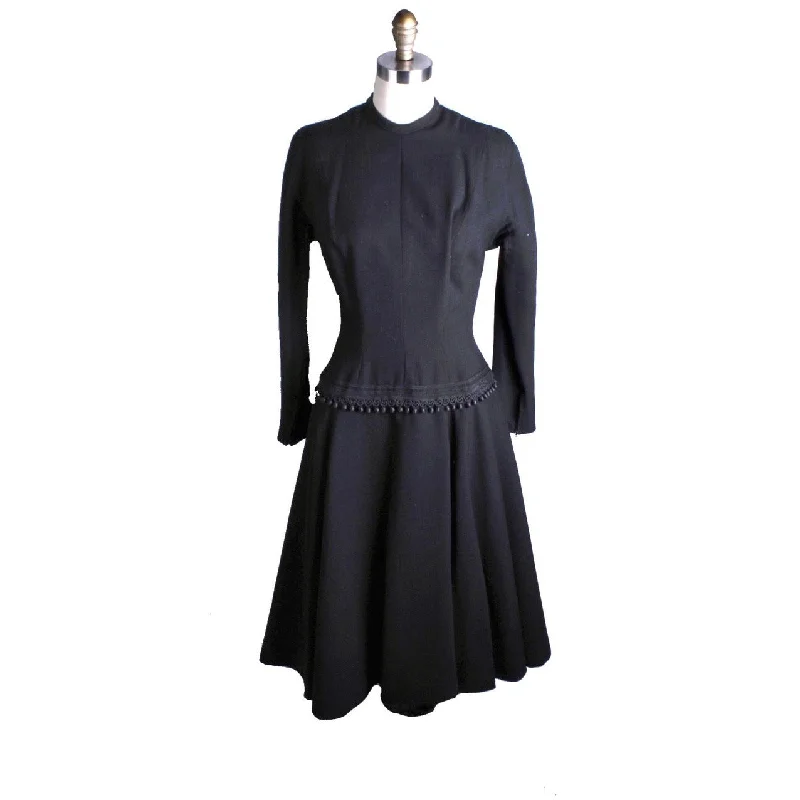 VTG Retro Black Late 1940s Dress Corde Ball Hip Detail LBD Wool New Look Womens S/M