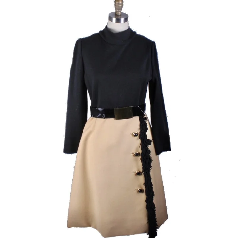 Retro VTG Pat Sandler Wool Knit Dress Color Block Black/Tan Fringe 69's-70s Size M