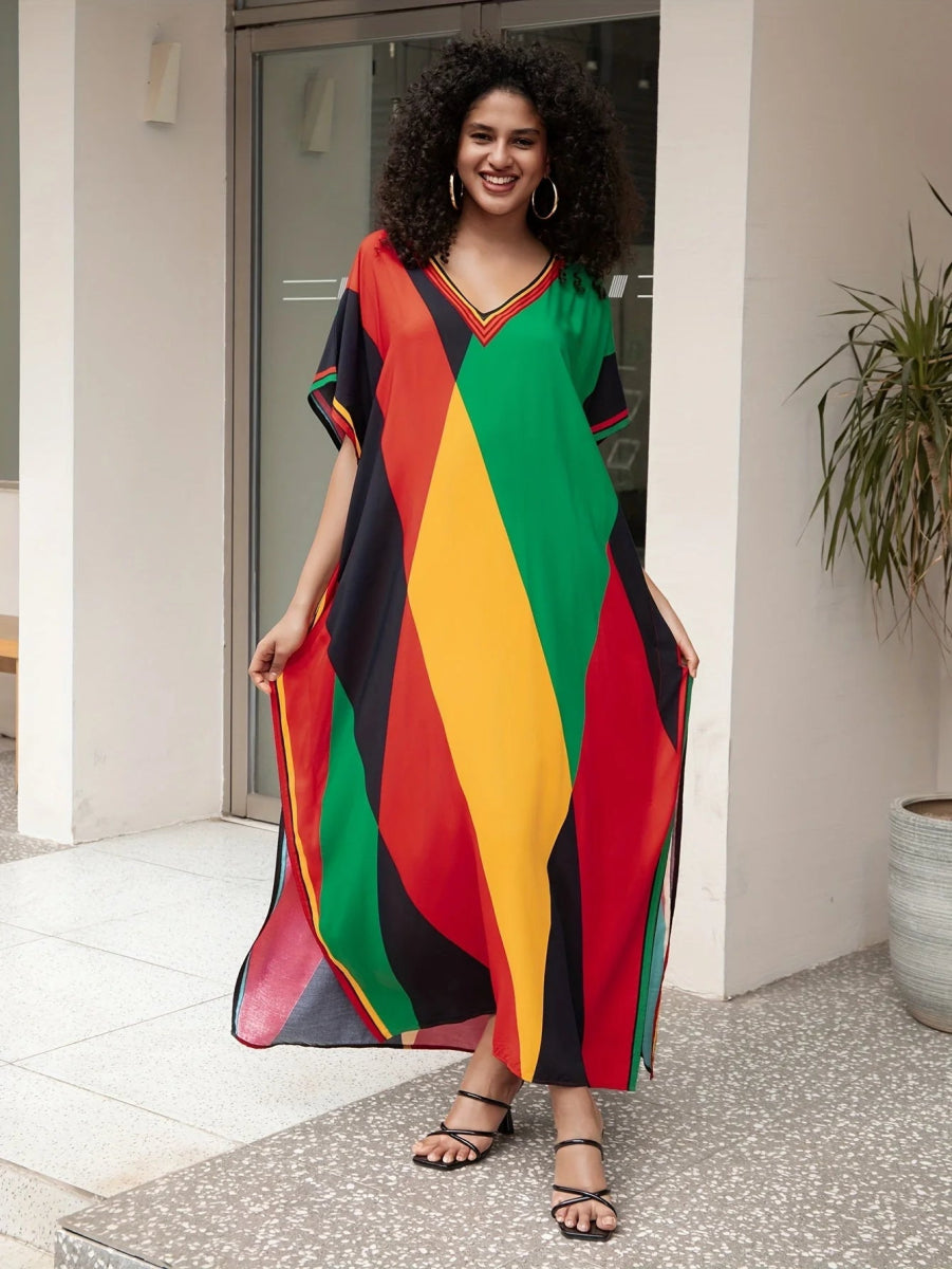 Women's Boho Style Cover Up, Plus Size V Neck Contrast Color Loose Fit Vacay Beach Kaftan Dress Women's Boho Style Cover Up, Plus Size V Neck Contrast Color Loose Fit Vacay Beach Kaftan Dress