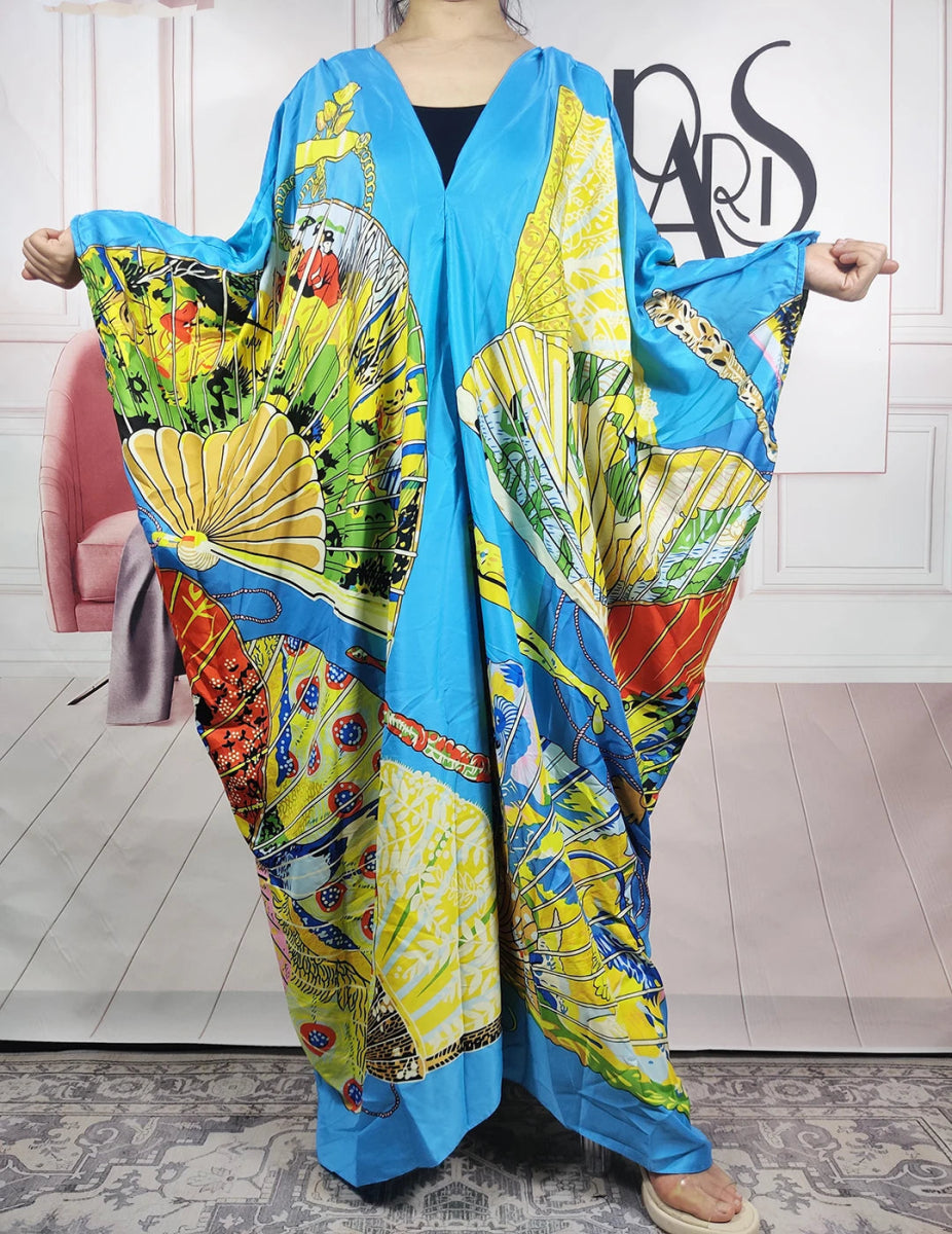 Women's Traditional African Dashiki Kaftan – Loose V-Neck Silk Abaya Dress for Summer Beach Parties & Holiday