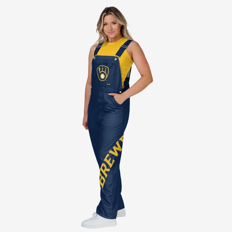 Milwaukee Brewers Womens Big Logo Bib Overalls Feminine Tie-Back Jumpsuit