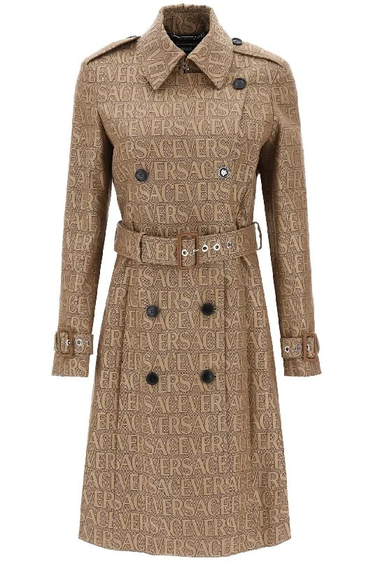 'versace Allover' Double-breasted Trench Coat  - Beige Trendy Cotton Trench Coat