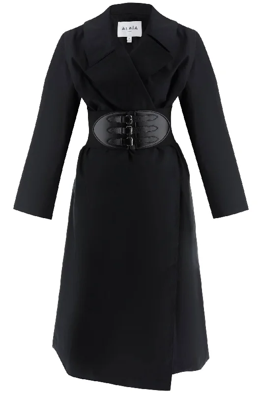 Belted Trench Coat In Technical Cotton  - Black Fashionable Long Wool Trench
