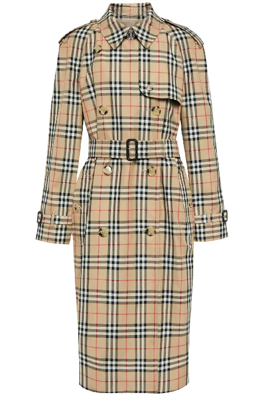 Check Trench Coat  - Beige Comfortable Zip-Up Trench Coat