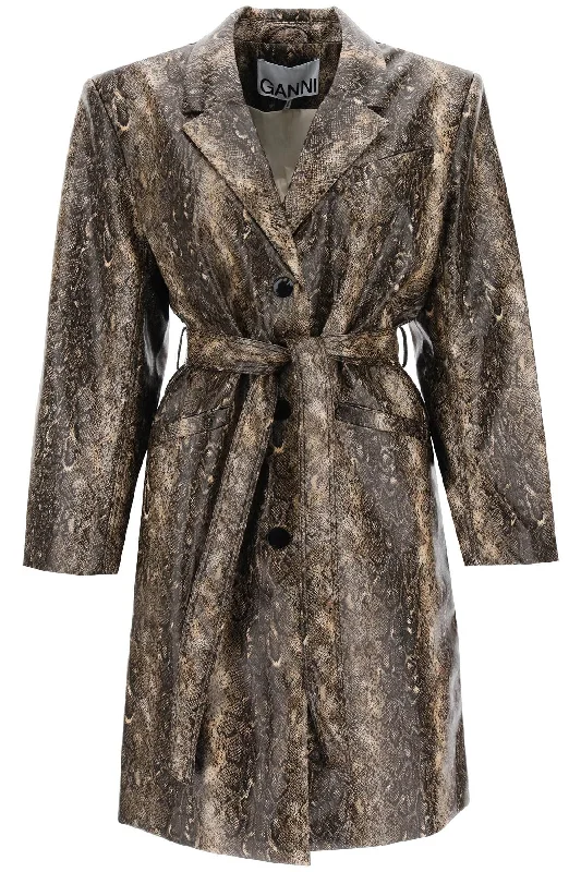 Snake-effect Faux Leather Trench Coat  - Marrone Chic Sleeveless Wool Trench