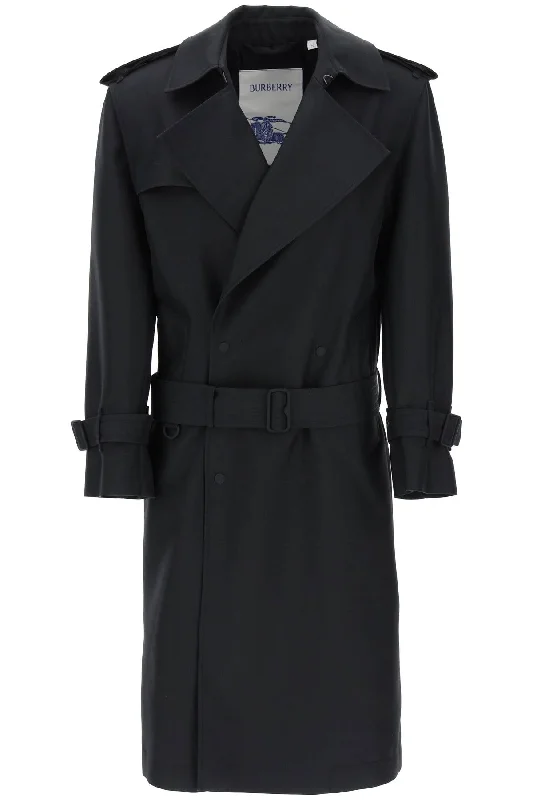 Double-breasted Silk Twill Trench Coat  - Black Fashionable Tartan Trench Coat