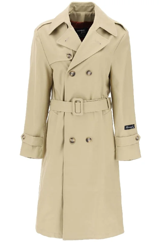 Cotton Double-breasted Trench Coat  - Beige Classic Military Trench Coat