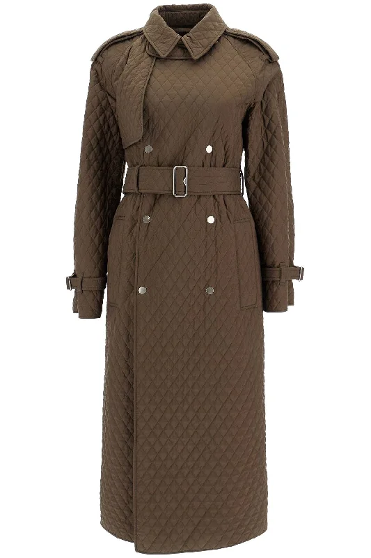 Long Quilted Trench Coat  - Khaki Trendy Puffer Trench Coat