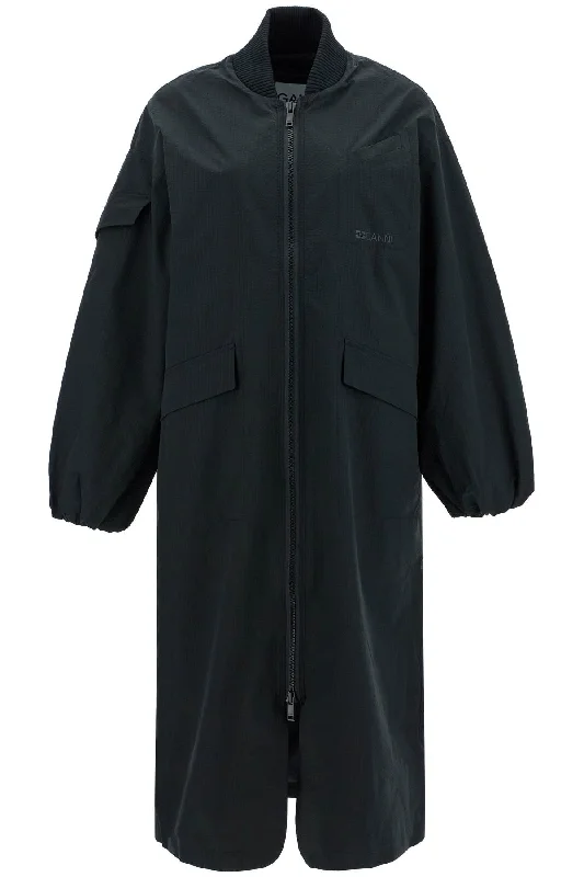 Long Tech Seersucker Trench  - Black Soft Waterproof Trench Coat