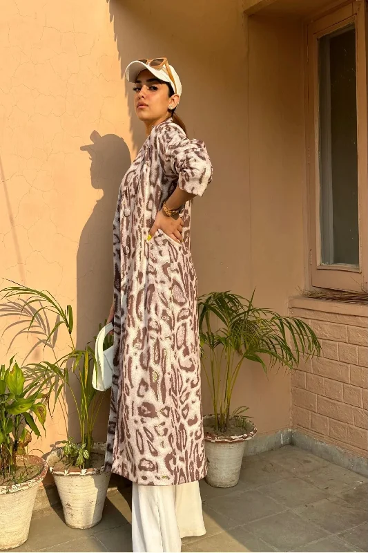 Animal Print Suede Trench Coat Casual Button Trench Coat
