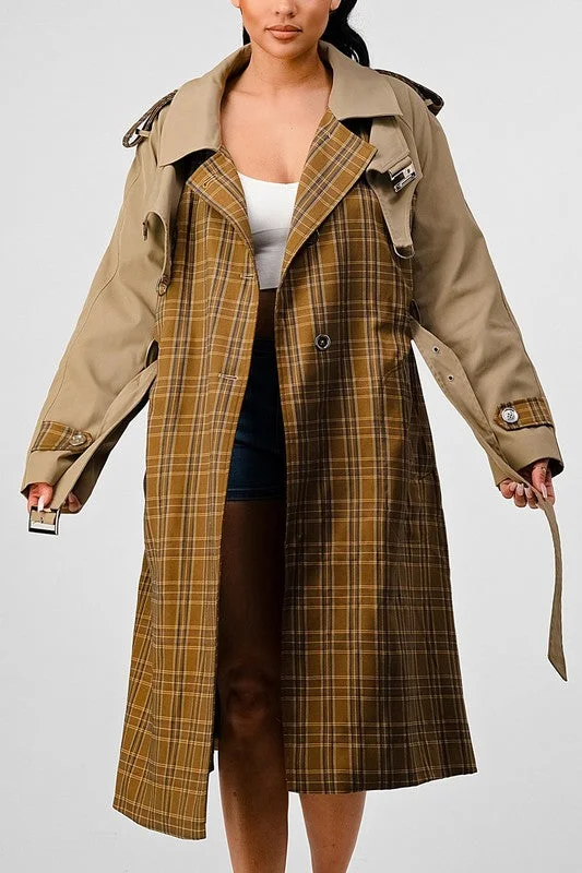 PLAID AND KHAKI CONTRAST TRENCH COAT Warm Double-Breasted Trench