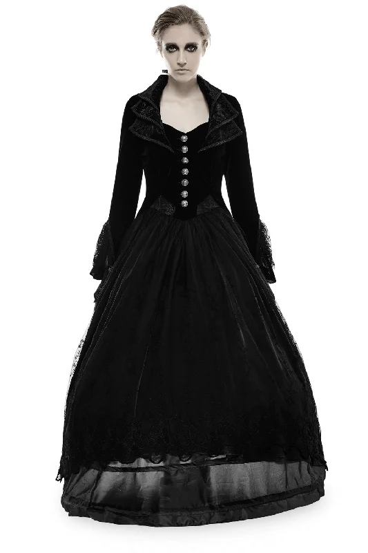 Black Velvet Long Gothic Trench Coat with Cascading Collar Trendy Soft Trench Coat