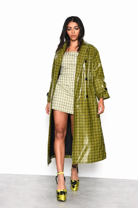 Olive-Check Trench-Coat Classic Wool Trench Jacket