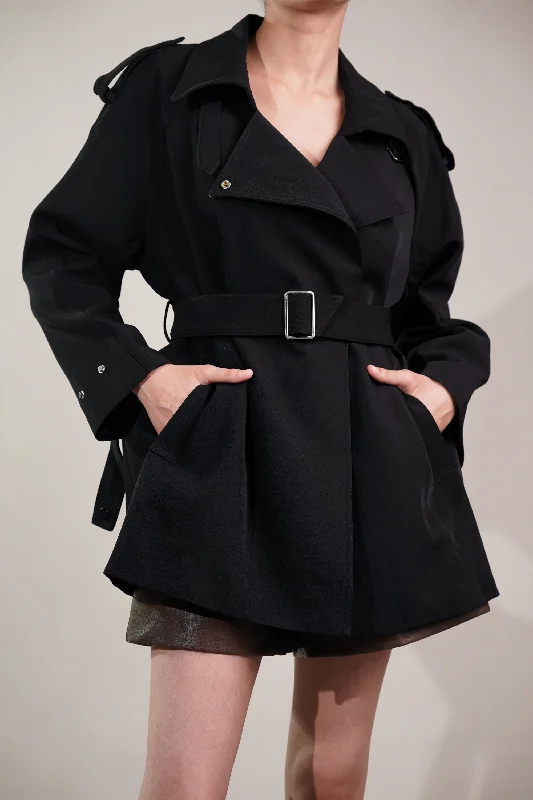 Coal Black Short Trench Coat Elegant Long Trench Jacket