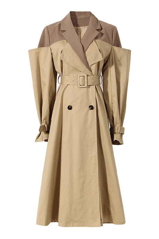 Deconstructed Hybrid Lapel Double Breasted Cinch Waist Belted Trench Coat Sophisticated Long Trench Jacket Deconstructed Hybrid Lapel Double Breasted Cinch Waist Belted Trench Coat Sophisticated Long Trench Jacket