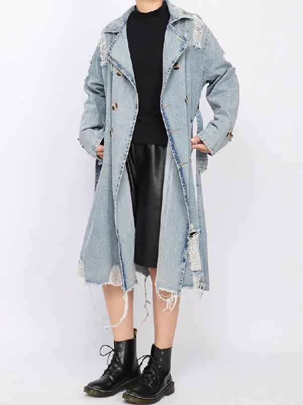Distressed Denim Trench Coat Trendy Open Front Trench