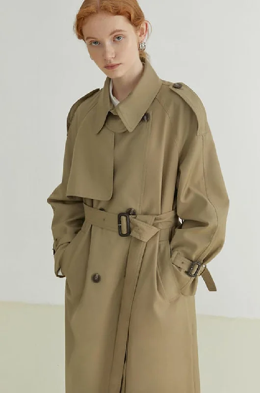 Double-Breasted Loose Mid-Length Melton Trench Coat Chic Military Style Trench