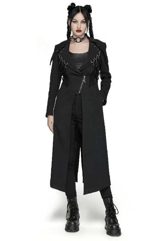 Edgy Black Trench Coat with D-Buckles and Chains Soft Waterproof Trench Coat