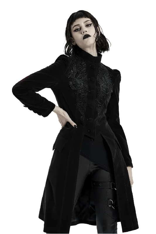 Elegant Gothic Black Velvet Lace-Up Back Trench Coat Warm Plaid Wool Trench