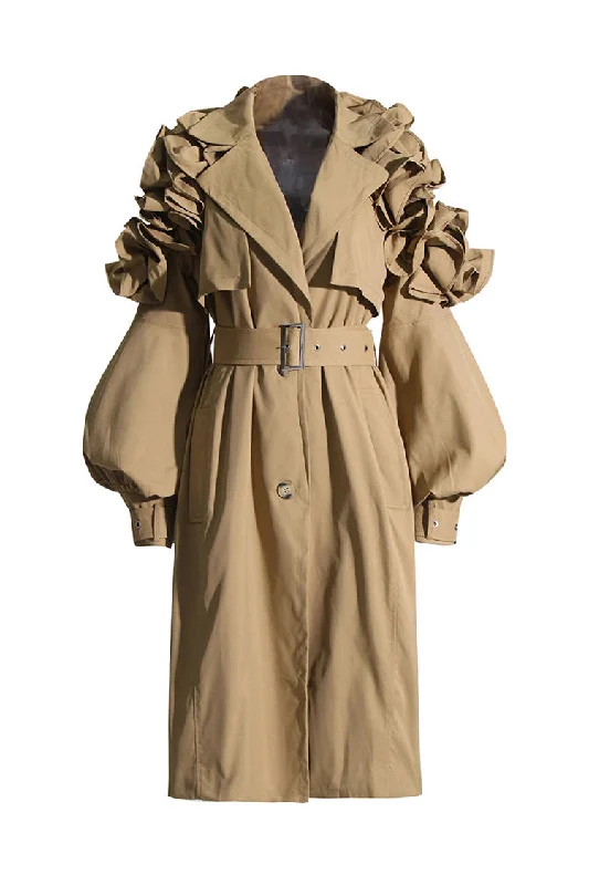 Elegant Puff Sleeve Button Front Belted Cinch Waist Ruffle Trench Coat Classic Khaki Trench Coat Elegant Puff Sleeve Button Front Belted Cinch Waist Ruffle Trench Coat Classic Khaki Trench Coat
