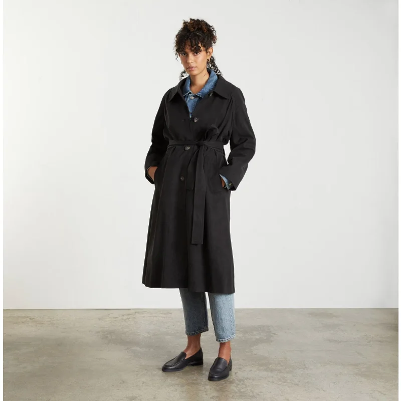 Everlane Womens The Gathered Drape Trench Coat XS Black NWT Trendy Long Wool Trench