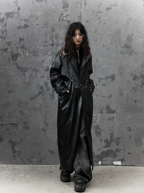 Frustration Garden Gothic Punk Maxi Coat - Black Faux Leather Trench With Oversized Collar And Asymmetrical Zip Fashionable Wool Trench Coat Frustration Garden Gothic Punk Maxi Coat - Black Faux Leather Trench With Oversized Collar And Asymmetrical Zip Fashionable Wool Trench Coat