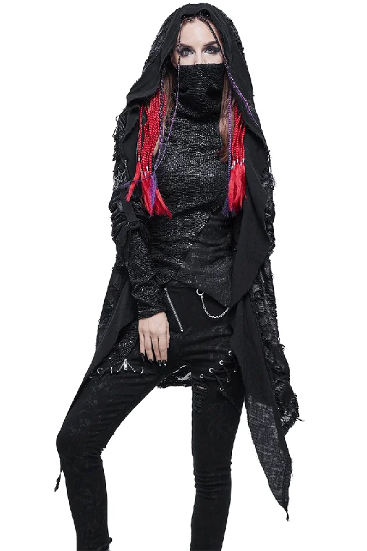 Gothic Punk Irregular Hooded Trench Coat / Stylish Loose Cape with Metal Pentagrams Classic Double-Breasted Trench Coat Gothic Punk Irregular Hooded Trench Coat / Stylish Loose Cape with Metal Pentagrams Classic Double-Breasted Trench Coat