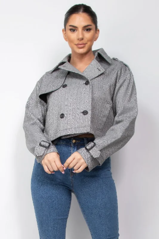 Notch Buckled Sleeve Crop Trench Coat Stylish Trench Coat with Pockets