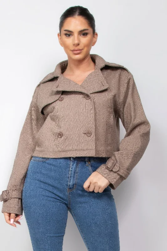 Notch Buckled Sleeve Crop Trench Coat Comfortable Double-Breasted Trench