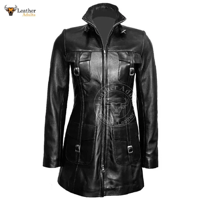 Ladies Beautiful Black Real Lambskin Leather Steampunk Style Trench Coat T14 Trendy Hooded Belted Trench Ladies Beautiful Black Real Lambskin Leather Steampunk Style Trench Coat T14 Trendy Hooded Belted Trench