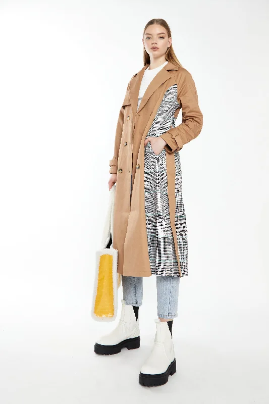 Glamorous Stone Check Trench Coat Fashionable Pleated Trench Coat