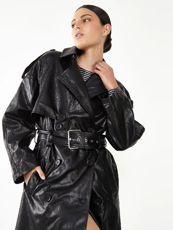 Glamorous Black Faux Leather Longline Trench Coat Comfortable Casual Wool Trench